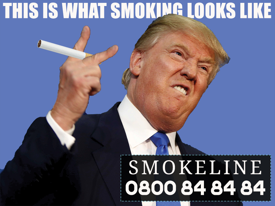 An anti-smoking poster showing a horribly ugly man pulling a ridiculous face. In his hand is a cigarette.