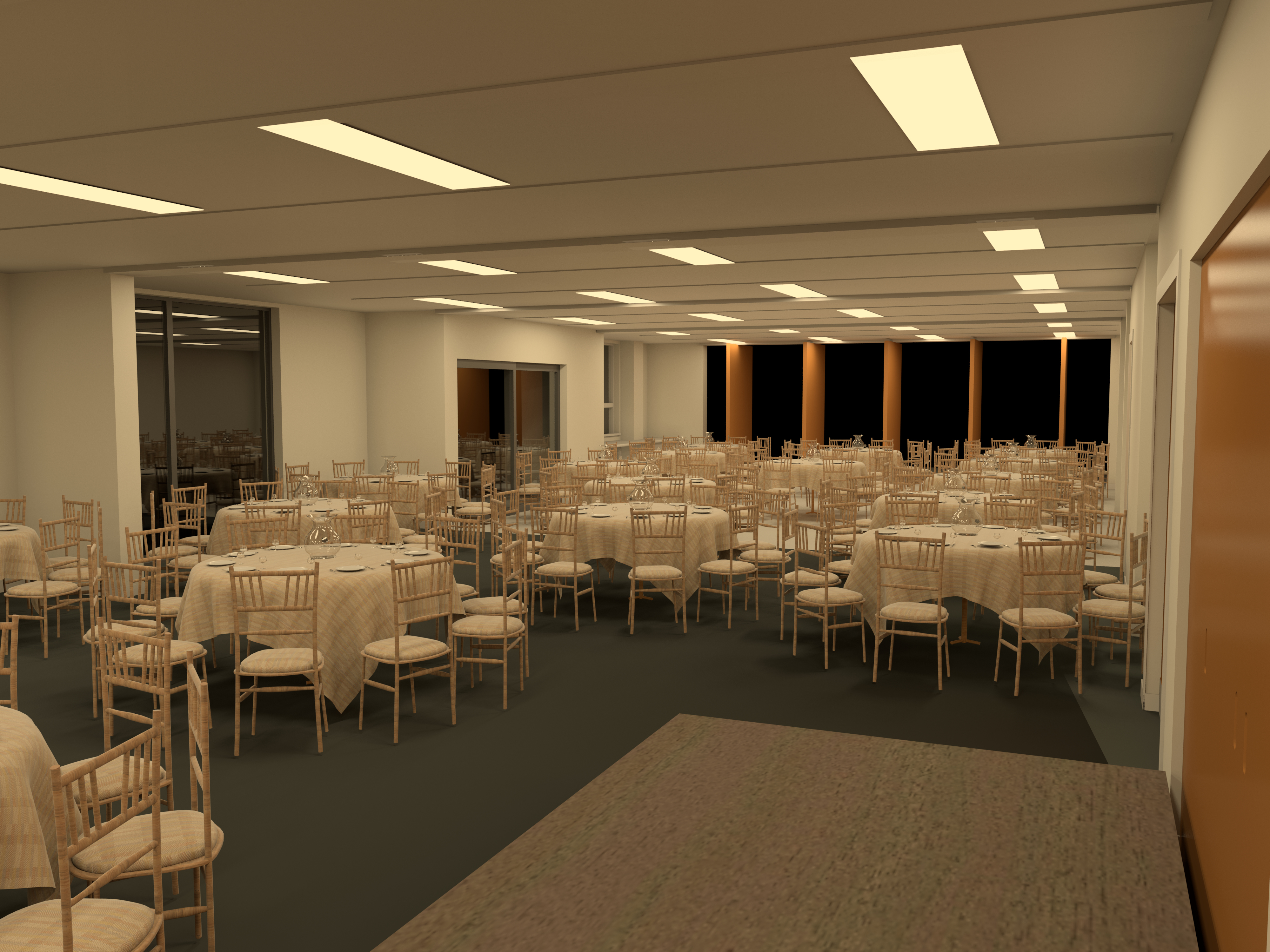 A realistic 3D render of a room setup for a round table dinner party.