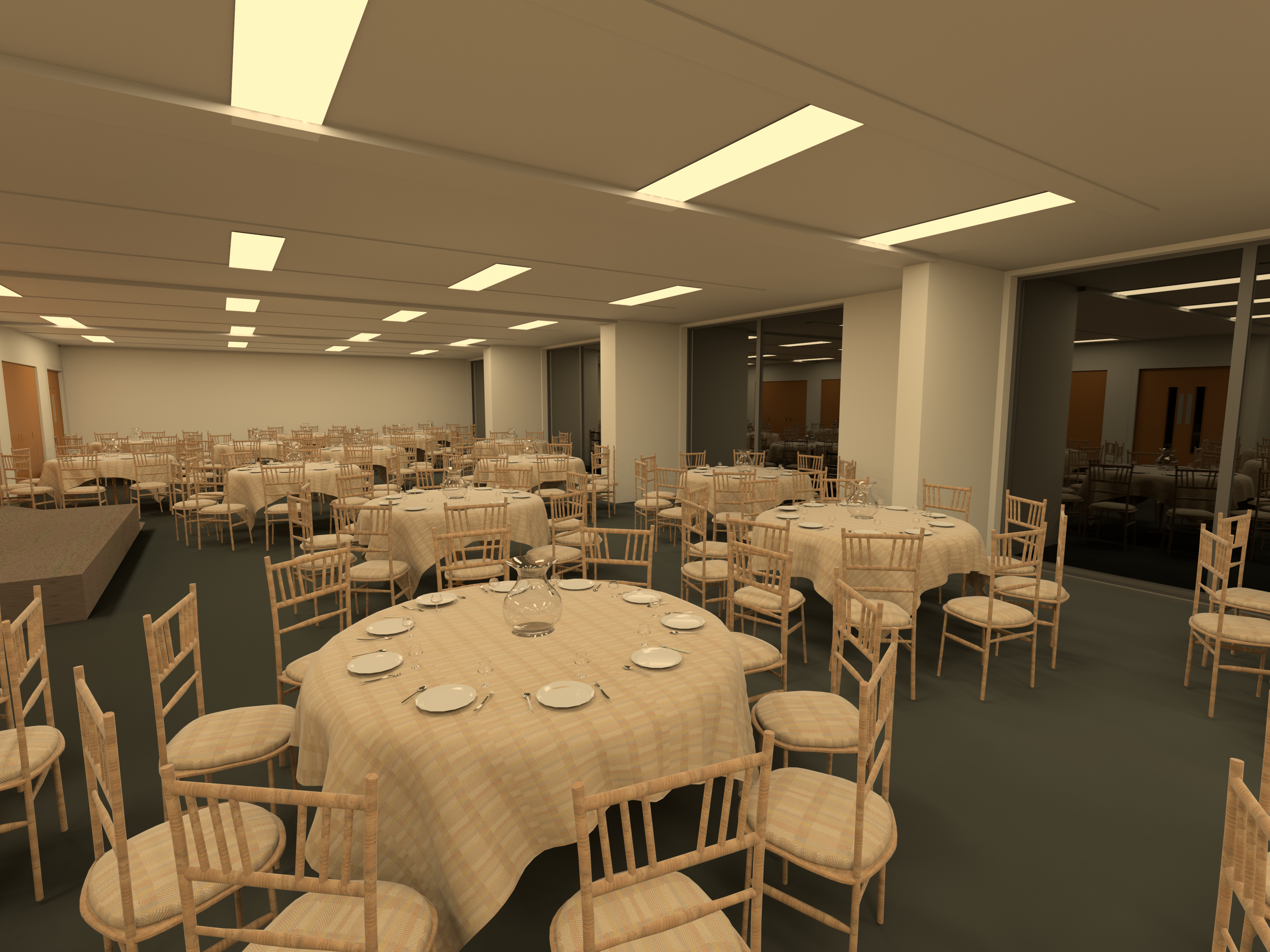 A realistic 3D render showing a round table dinner party.