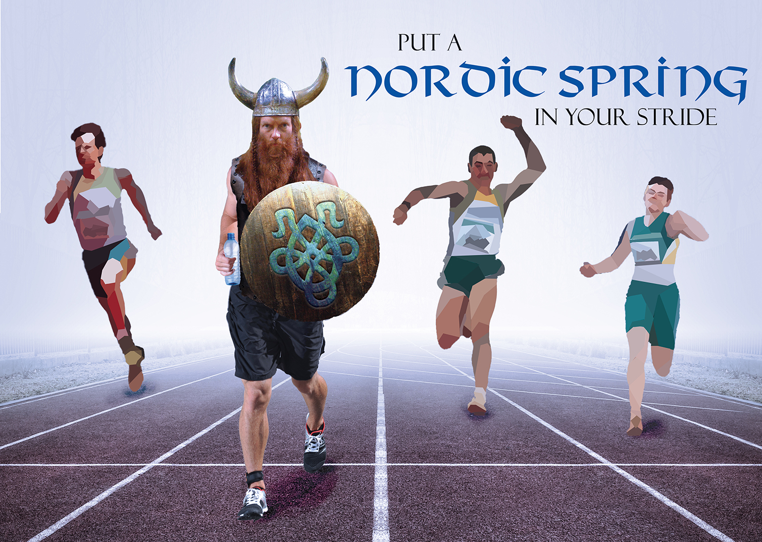 A poster for a water brand showing a track running race where the lead runner is wearing a horned viking helmet, full braided beard and carrying a wooden shield.