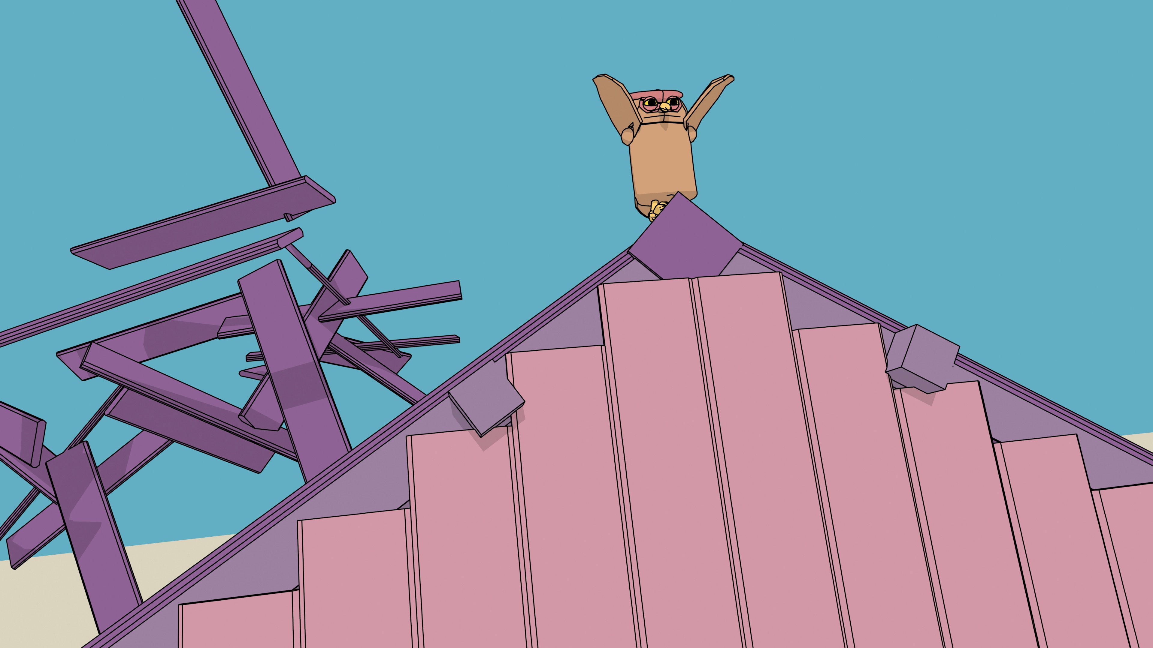 A horned owl takes flight from a barn roof as an explosion sends the roof planks flying.
