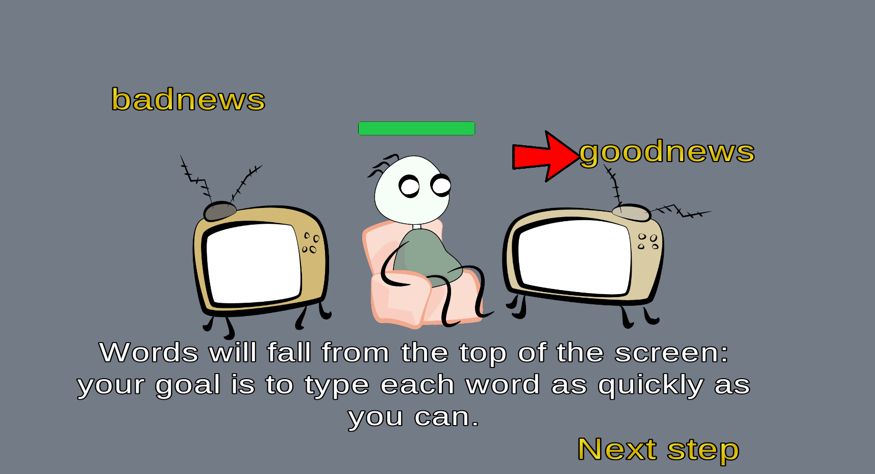 Tutorial instructions below the character sat between the televisions.