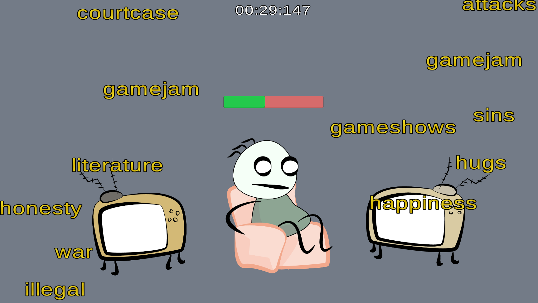 An unhappy stickman character cowering in his seat between two televisions.