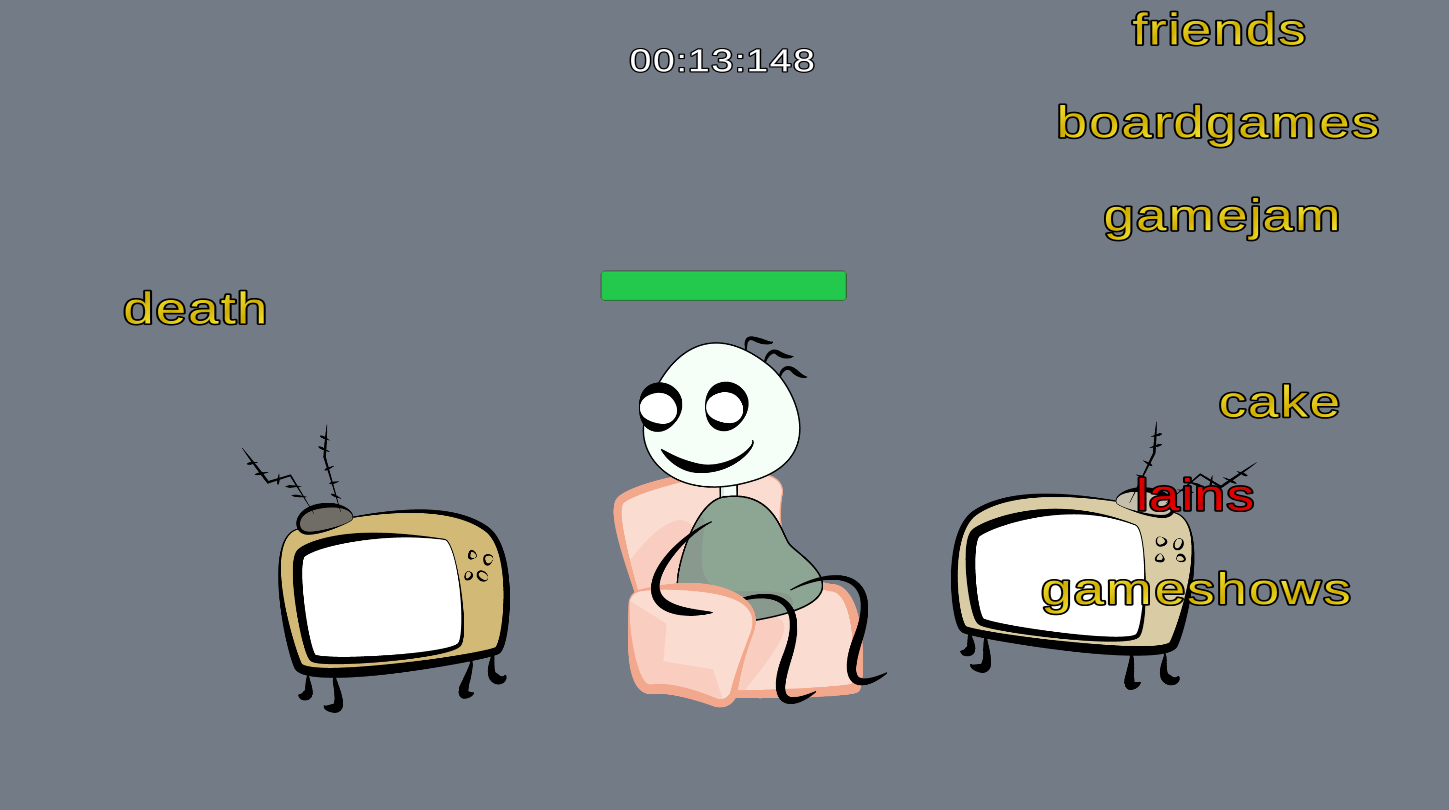 A smiling stickman sits between two televisions as various words drop down the screen.